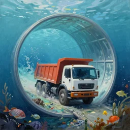 classic oil painting, a dump truck driving in a clear underwater tube at the bottom of the ocean with sea life all around, as a dnd character, on a sunny populated suburban street, cottagecore, highly detailed, digital illustration, concept art, smooth, sharp focus, art by greg hildebrandt, and tim hildebrandt