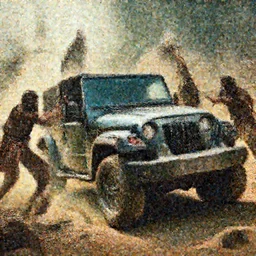 Mahindra thar, tribe members attacking, action scene, an epic fantasy, dramatic lighting, cinematic, establishing shot, extremely high detail, photorealistic, cinematic lighting, artstation, octane render, by christopher nolan, shadow of the tomb rider