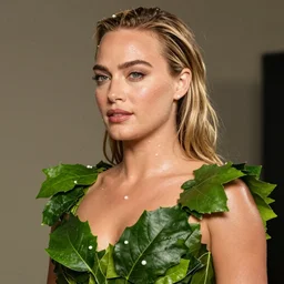margot robbie wearing a risque outfit made from leaves, half body portrait, greg kutkowski, sharp details, soft lighting, subsurface scattering, pearls of sweat, glistening skin, warm lighting