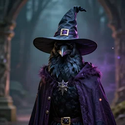 A portrait of a crow dressed as a wizard, UHD, 4K, Tyler Jacobson, fantasy, DnD, magical particles, epic, magical, wizard hat