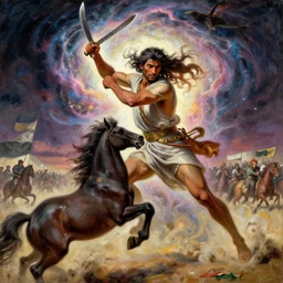 portrait of head and body, single bangla farmer fighting, hand to hand combat with machete, full body view, long flowing hair, fighting for his life, nebula aura surrounding subject, horseback combat attacker foreground, islamic revolution, mongolian invasion of iraq, background of invading army, classicism artstyle, sharp brushstrokes