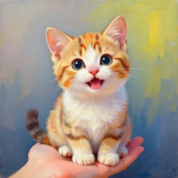 beautiful and very detailed painting of an adorable kitten sitting in a human hand. the colors are very vibrant and the cat looks very happy. vibrant colors, very funny, personal, positive, visually pleasing and engaging. high resolution. high quality. hq hd. trending on artstation.