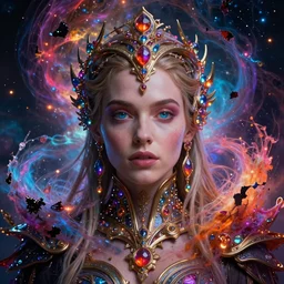 mysterious detailed cgi matte painting of a rosario dawson the space empress of the andromeda, by ellen jewett, alessio albi | symmetrical features, photorealism, stunning, ornate, royally decorated, organic, growth, whirling gasses, glowing particles, refractive adornments, colorful torn nebulas, radiant vibrant colors