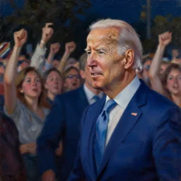 Biden staring off into a crowd of people cheering, it’s nighttime, oil painting