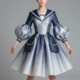 designer figure collection ball shaped accordion sleeve haute couture, sailor uniform, midi skirt, coat pleats, synthetic curves striking pose, dynamic folds, cute huge pockets hardware, volume flutter, young, modeled by modern designer bust, body fitted, award fashion, stardust gradient scheme, light holographic tones, expert composition, high detail, professional retouch, editorial photography