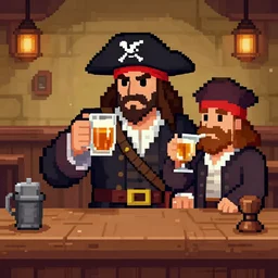 important pirates drinking grog in a tavern table pixel art