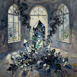 ashes crystal, fierce, scattered, black smoke, intricate, tall windows, cast shadows, impressionistic oil painting by alexi zaitsev, malcom liepke, ilya kuvshinov, craig mullins, melinda matyas, thomas kinkade, victo ngai, denis sarazhin. bold brush strokes, fractal leaves, masterpiece