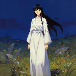 the lone priestess of the evermoon valley. this gouache painting by the award - winning mangaka has interesting color contrasts and impeccable lighting.