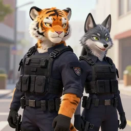 beautiful furry art portrait commission of a male furry anthro tiger fursona and a female furry anthro wolf fursona both wearing a tactical swat uniform in the streets of a cyberpunk city at night in the snow. neon signs. character design by charlie bowater, ross tran, artgerm, and makoto shinkai, detailed, inked, western comic book art