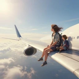 photorealistic very wide shot of a girl sitting on the wing of a flying passenger airplane, side view, very windy, sunny morning light, distant birds, hdr, volumetric lighting, intricate details, detailed digital artstation concept by noriyoshi ohrai and magali villeneuve and john william waterhouse, unreal engine, octane render