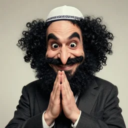 a happy merchant jew wearing kippah!!!, rubbing hands!!!, evil, tricky!!, black curly beard, black curly hair, black eyes, hooked nose!, by greg rutkowski, artstation, by artgerm, by wlop