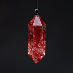 a red shimmering crystal hanging on a black thread, dark background, digital art,