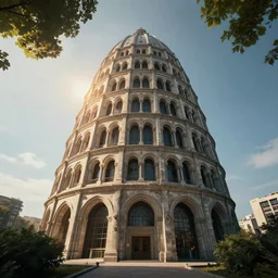 a view from the ground of the Babel Tower, cinematic, 8k HDR, highly detailed, high quality, godrays, hyperrealistic