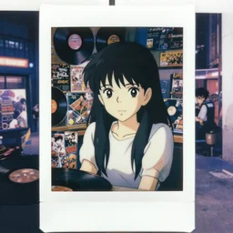 a full body polaroid portrait of a 1 9 8 0's disney girl working at a vinyl stall, finely detailed features, closeup at the faces, perfect art, busy cyberpunk city, gapmoe yandere grimdark, trending on pixiv fanbox, painted by ilya kushinov makoto shinkai takashi takeuchi studio ghibli, akihiko yoshida