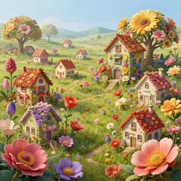 a hiper intricate 3 d artwork of a beatifull little houses made from big flowers in the serene field, intricate, highly detailed, digital painting, artstation, concept art, extremely detailed, sharp focus, octane render wide view, smooth, digital illustration, colorfull, by wlop, by victo ngai, by hieronimus bosch
