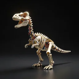 Simple funny mechanic organic dinosaur skeleton toy sculpture made from cables, wires and tubes by moebius, by david lachapelle, by angus mckie, by rhads, by jeff koons, in a dark empty black studio hollow, c4d, at night, rimlight