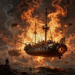 Steampunk of a Fleet Airships before battle. By Joseph Mallord William Turner, fractal flame, highly detailded