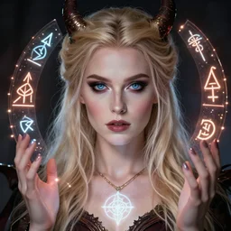 beautiful blonde nordic sorceress summoning satan, portrait, studio lighting, perfect eyes, detailed face, cover model, magic, technology, sigils, leds,