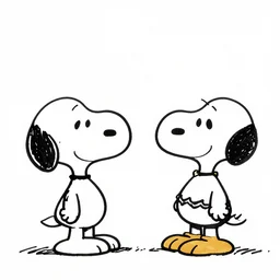 Pen and ink cartoon of Linus and Snoopy by Charles M.Schultz