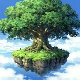 Fantasy floating sky continent held in the branches of a massive oak tree. hidari, color page, tankoban, 4K, tone mapping, Akihiko Yoshida.