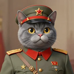 an anthropomorphic gray cat wearing as a 1950's Soviet leader, artwork by Sergey Kolesov