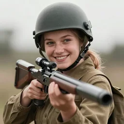 young female ww 2 sniper, smiling, digital portrait by greg rutkowski, intricate, soft focus, highly detailed, cinematic, epic, artstation