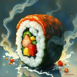 holy maki roll. highly detailed, digital painting, watercolor, soviet realism, engraving, artstation, concept art, smooth, sharp focus, vivid grunge, manga, illustration, unreal engine 5, 8 k, art by bilibin and kuvshinov and malevich and mucha