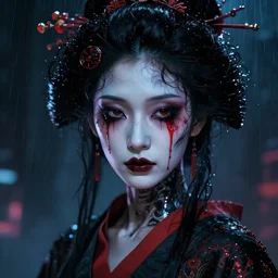 facial portrait of a asian nightmare android with dark smeared makeup, wet curly hair, red tears, geisha, ghost in the shell, a dark cyberpunk background, lens flare, rain, deep focus, d & d, intricate, elegant, highly detailed, photo, artstation, blade runner, 8 k, sharp focus, octane, unreal engine 5, global illumination, radiant