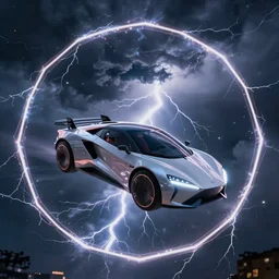 futuristic flying car inside a circle made of lightning in the sky, thunderstorm at night, 28mm dramatic photo