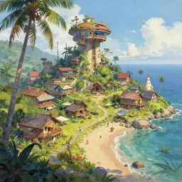 futuristic but cozy fantasy village at a tropical coast. this air brush painting by the award - winning concept artist has an interesting color scheme, plenty of details and impeccable lighting.
