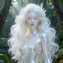 beauteous sumptuous elegant woman in paradise garden, white pearlescent iridescent skin, with incredible iridescent pearlescent voluminous neon hair, crystalline masterpiece incrustations, hyperdetailed face, elegant pose, movie still, intricate, octane render, cinematic forest lighting, unreal engine, crepuscular rays, god rays