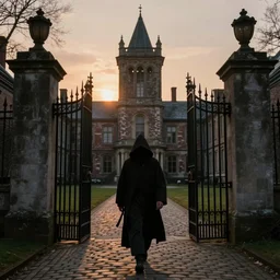 cloaked detective walking into open wrought iron gates of a mental asylum, a menacing tower looms over the courtyard, and an evening sun bathes the cobblestone in a warm glow by Francis Bacon, fantasy, victorian theme