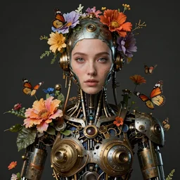 a beautiful intricate fine art portrait photo of a   a mechanical industrial steampunk cybernetic humanoid overgrown with colorful flowers, leaves and butterflies by natalie shau and zach sutton, perfection!, eyes with catchlight, golden ratio composition,  studio lighting, 50mm lens, very detailed, bionic, cybernetic scifi, deep depth of field, artstation, 8K, highly coherent
