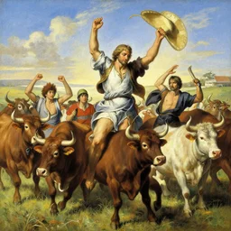 a gorgeous painting of a herd of cattle breakdancing in an open field. Painting by Michelangelo, Moebius, Frank Frazetta, Hayao Miyazaki, Capcom, SNK, Marvel