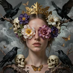 margo robbie ornate, realistic portrait, ethereal, flowers covering eyes, skulls, art by emil melmoth, gustave dore, craig mullins, yoji shinkawa, art germ, pete morbacher, hyper detailed, high detail, artstation, hyperrealistic, unreal engine 5, ravens, branches, ghost, clouds, colors, moths, gold, morbid headpiece