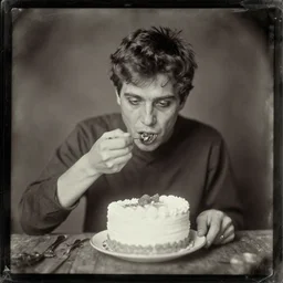 a daguerrotype photo of a ugly boy man eating a cake, award winning photo