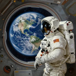 an astronaut looking at earth through the window of his spaceship, beautiful detailed oil on canvas painting in the style of the 1 9 th century hudson river school of art