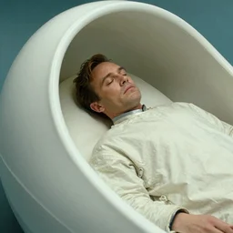 a close-up of Ripley sleeping inside an all-white cryogenic sleeping capsule by Ridley Scott, Alien movie, grainy, bluish and cream tones