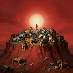 still life of abandoned junkyard on top of a red dirt cliff, tigers surround cliff looking down at a man, dramatic red sky, by hieronymus bosch, wide shot, soft glow bloom lucid dream - like ethereal atmosphere, baroque portrait painting, perfect composition, beautiful intricate detailed octane render trending on artstation, 8 k artistic photography, volumetric cinematic perfect light, chiaroscuro