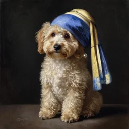 oil painting of mini goldendoodle puppy, in the style of vermeer girl with a pearl earring, hyperrealistic, dramatic lighting