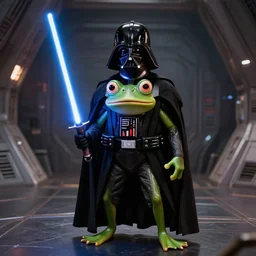 pepe frog in darth vader suit holding a light saber standing inside the deathstar