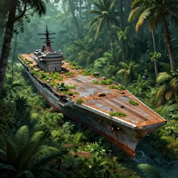 rusty aircraft carrier, USS Nimitz, overgrown with vegetation laying on the ground of a tropical forest, post appocalyptic illustration by Luis Royo, by Greg Rutkowski, dark, gritty, intricate, cover illustration, concept art, volumetric lighting, volumetric atmosphere, sharp focus, octane render, trending on artstation, 8k