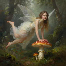 epic oil painting of a beautiful fairy with a beautiful face and flawless skin wearing a gauze dress, landing on a mushroom in the forest, moss, fog