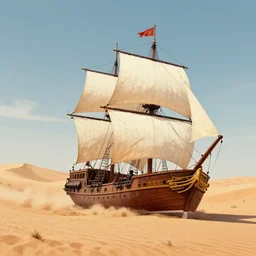 clipper ship sailing through a sand desert, surrounded by sand, sand, desert, clean sails, illustration, fantasy novel cover art