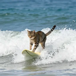 a cat surfing on white flour