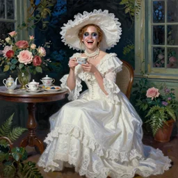 laughing thick paint brush strokes full body fashion model emma watson by Jeremy Lipking by Hasui Kawase by Richard Schmid (((smokey eyes makeup eye shadow fantasy, glow, shimmer as victorian woman in a long white frilly lace dress and a large white hat having tea in a sunroom filled with flowers, roses and lush fern flowers ,intricate, night, highly detailed, dramatic lighting))) , high quality