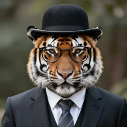 high quality portrait photo of a !mature tiger! dressed in a business suit and tie, wearing bowler hat, !stylish spectacles!, !!Anthropomorphic!!, photography 4k, f1.8 bokeh, 4k, 85mm lens, sharp eyes, looking at camera