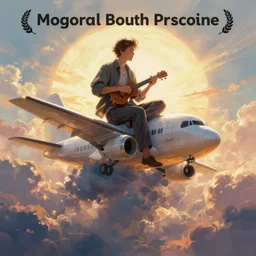 album art, man sitting on top of an airplane, playing ukulele, profile picture, stylized digital art