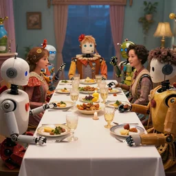 a table dinner of robots where robots are dressed like the characters from the midsommar movie, sharp focus, wide shot, trending on artstation, masterpiece, by greg rutkowski, by ross tran, by fenghua zhong, octane, soft render, ultrarealistic, colorful, cinematic