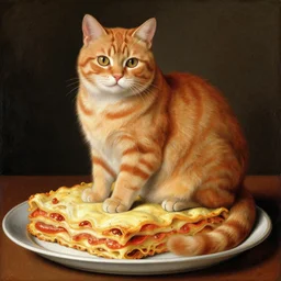 fat orange tabby cat sitting on lasagna, renaissance painting